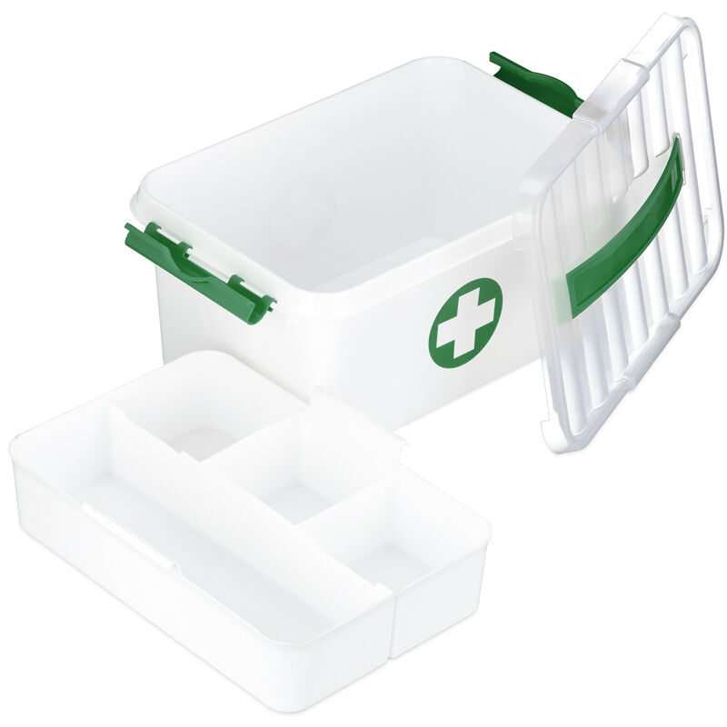 Relaxdays Cassetta Kit Pronto Soccorso, 5 Scomparti, Box per Medicinali,  Plastica, HLP: 14,5 x 30 x 20 cm, Bianco Verde