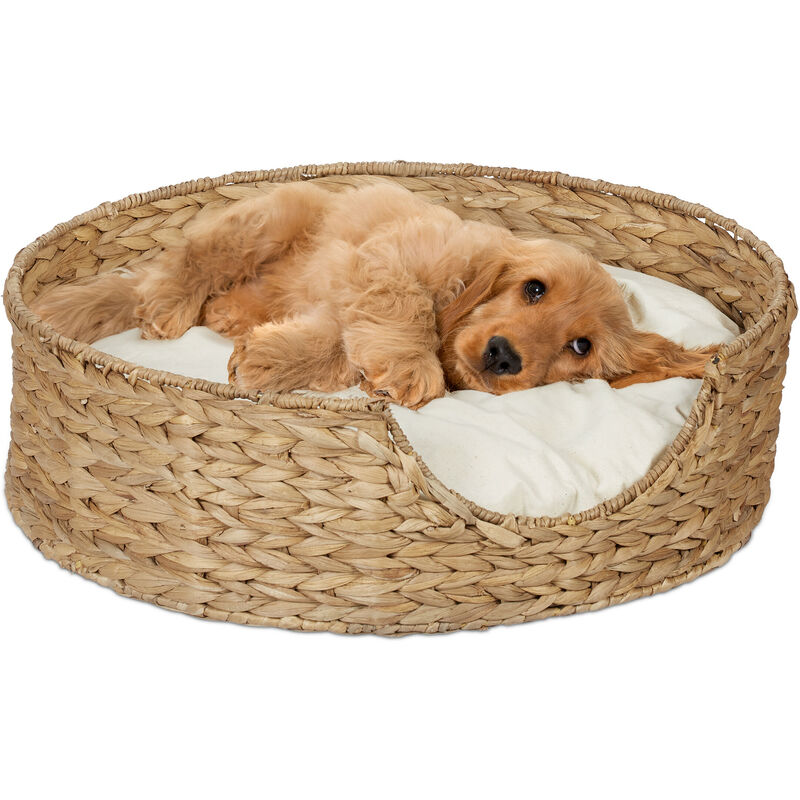 Relaxdays Cuccia per Cani e Gatti, H x D: 15 x 49 cm, Lettino in Seegras  Intrecciato e Cuscino Lavabile, Crema Naturale