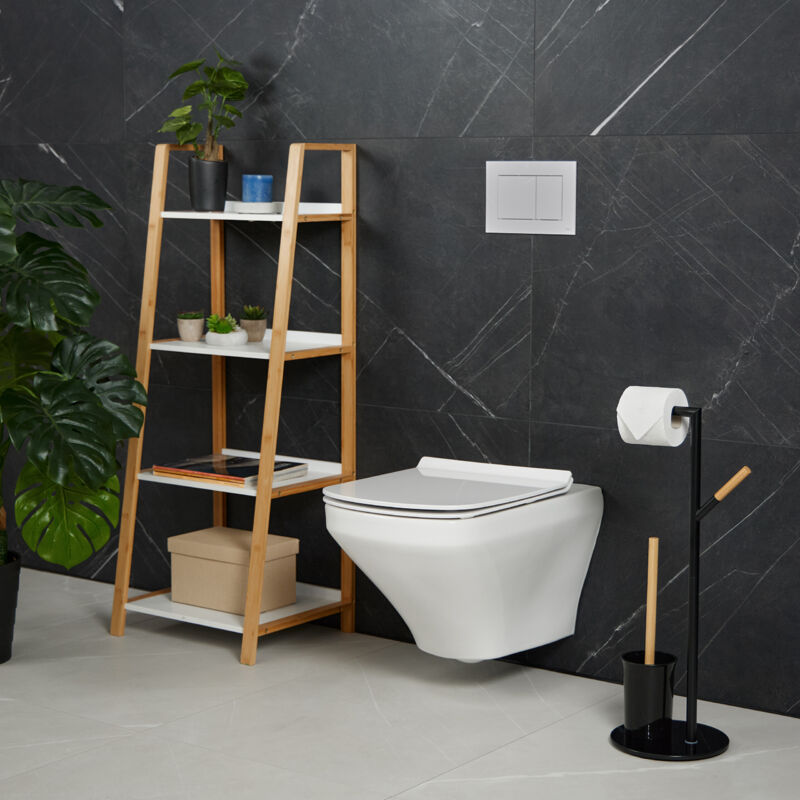 Relaxdays Porta Carta Igienica Con Scopino - Piantana Da Bagno Elegante In Legno E Acciaio, Nero/Marrone, 75x18.5x18.5 Cm