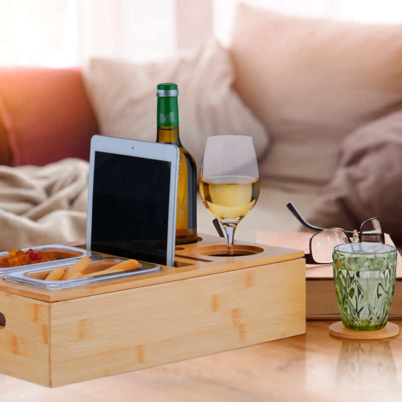 Vassoio Decorativo Vassoio Per Divano In Legno Con 2 Ciotole Acciaio - Organizer Snack E Bevande Per Soggiorno Vassoio Da Divano - 7