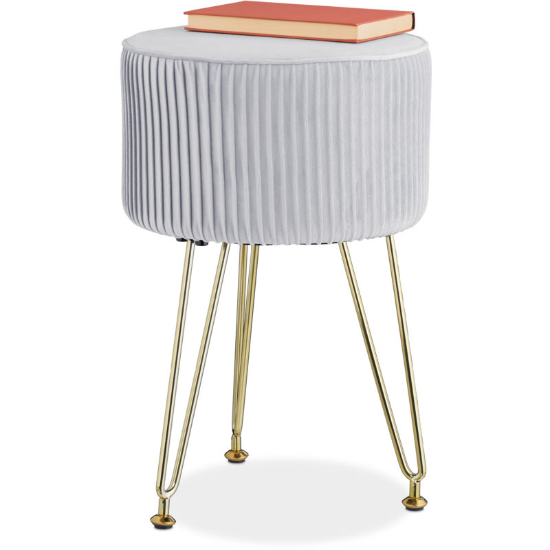 Pouf Poggiapiedi Tondo In Velluto Blu | Sgabello Imbottito Con Gambe Metallo | Per Salotto E Camera | Diametro 40.5 Cm