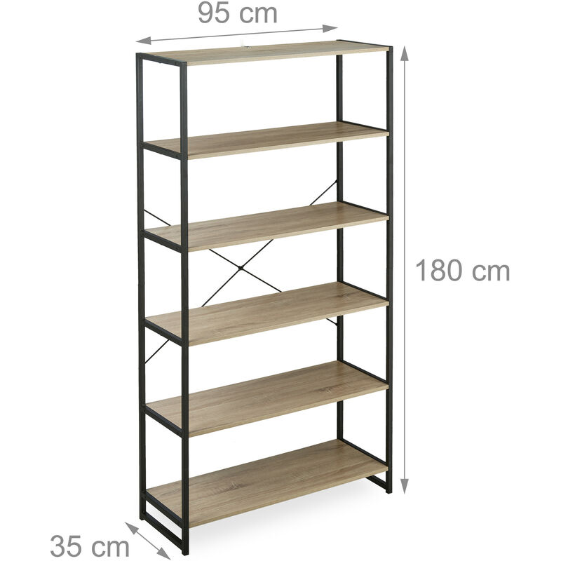 Relaxdays Scaffale in Legno Stile Industrial, Libreria con 6 Ripiani HLP:  180x50x35cm in Rovere/Metallo, Marrone