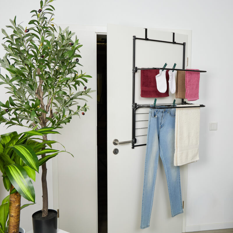 Relaxdays Stendibiancheria Da Doccia E Porta, 3 Ante Pieghevoli, 95x58x31 Cm, Capacità 10 M, Ferro Nero, Carico 9 Kg