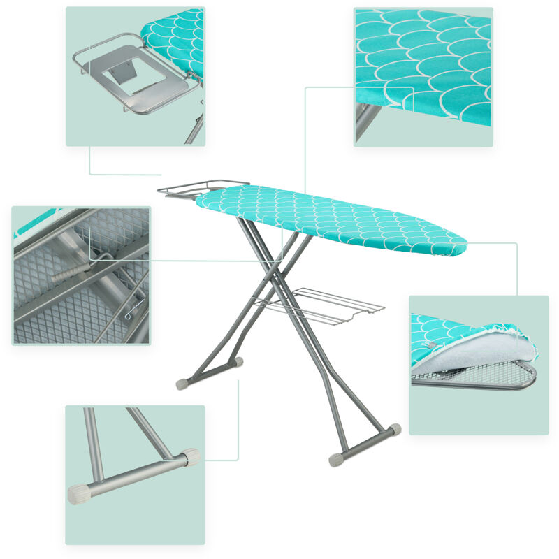 Asse Da Stiro Pieghevole Relaxdays - Tavolo Salvaspazio Regolabile In Altezza, Piano 122x39,5 Cm, Copriasse In Cotone, Turchese/argento