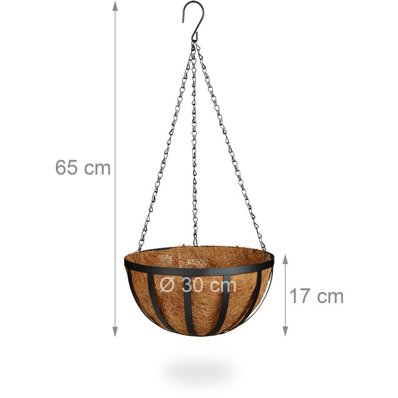 Relaxdays 3 Portavasi da Parete, Fibra di Cocco, 21 litri, con Catena, D:  30 cm, Fioriera Sospesa, Marrone