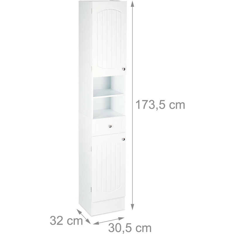 Relaxdays Mobile Bagno a Colonna, 2 Ante, 1 Cassetto, Scaffale Alto, HLP  180x39x30 cm ca., Legno e Bambù, bianco/marrone