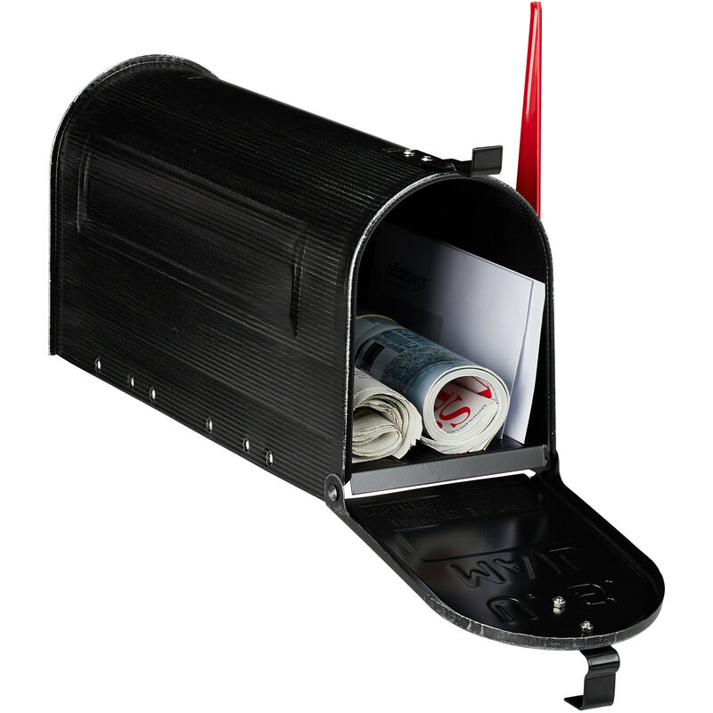 Relaxdays Cassetta postale americana, vintage, US mailbox, scomparto porta-giornali,  bandiera rossa, 22x16x48 cm, Nera