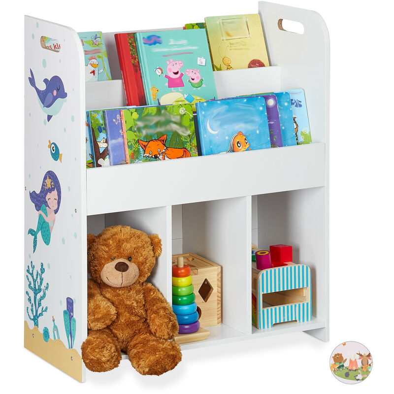 Relaxdays Portagiochi Bambini, Scaffale Libreria, Portaoggetti in Plastica,  MDF, H x L x P: 88 x 108 x 29 cm,simil legno