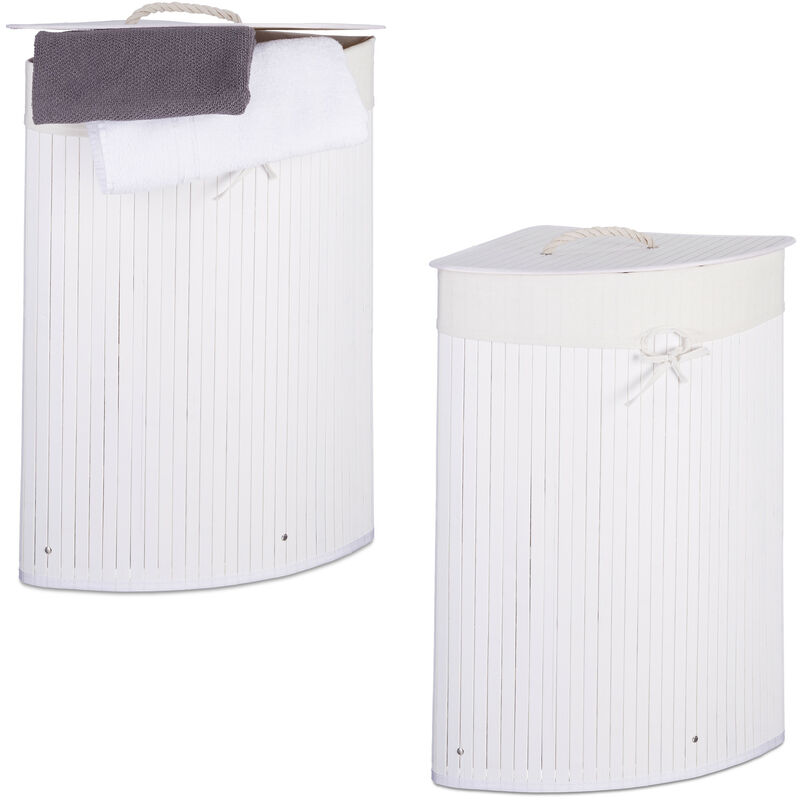 2x Set Cesta Porta-Biancheria Angolare in Bambù, 60 l, Pieghevole, con  Coperchio, Sacco, Organizer, Bianco