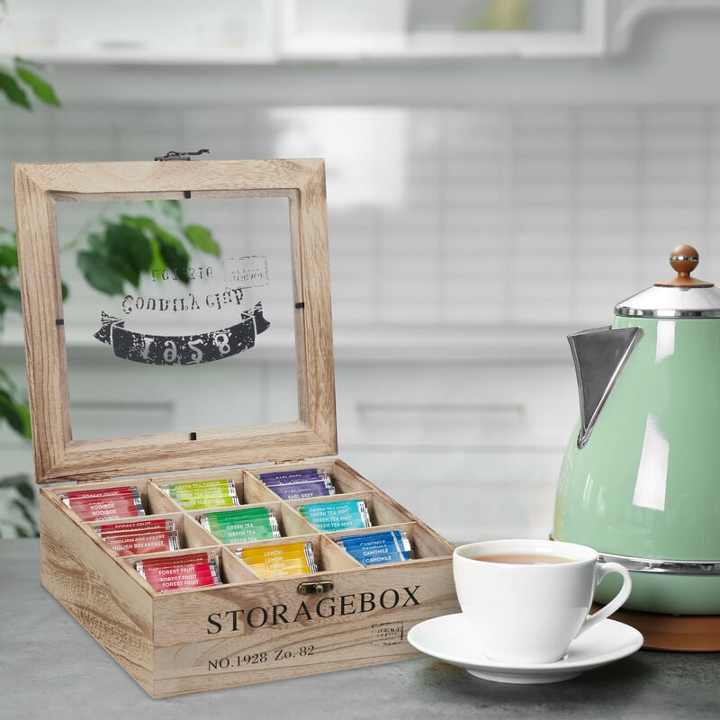 Relaxdays Scatola Porta Tè e Tisane, 9 Scomparti, Cofanetto con  Finestrella, Organizer per Capsule del Caffè, Naturale