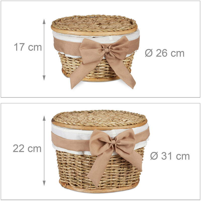 Relaxdays Cestini da Bagno Set da 2, Contenitori Portaoggetti Intrecciati, con  Coperchio, Decorativi, in Fibra di Palma, Rotondi, Color Legno Naturale