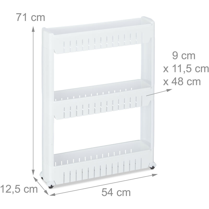 Relaxdays Mobile Salvaspazio, 4 Ripiani, Scaffale Stretto per Bagno & Cucina,  Carrello Portaoggetti in Plastica, Bianco