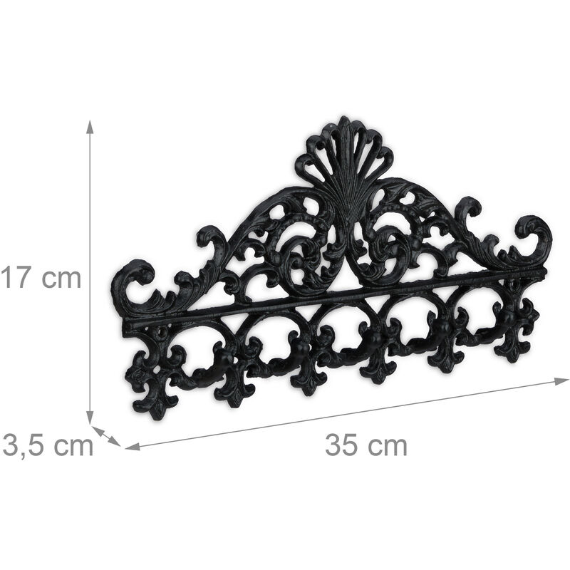 Relaxdays Appendiabiti e Porta-Chiavi in Ghisa, 5 Ganci, Stile Antico,  Rustico, HxLxP: 17x35x3,5 cm, Nero