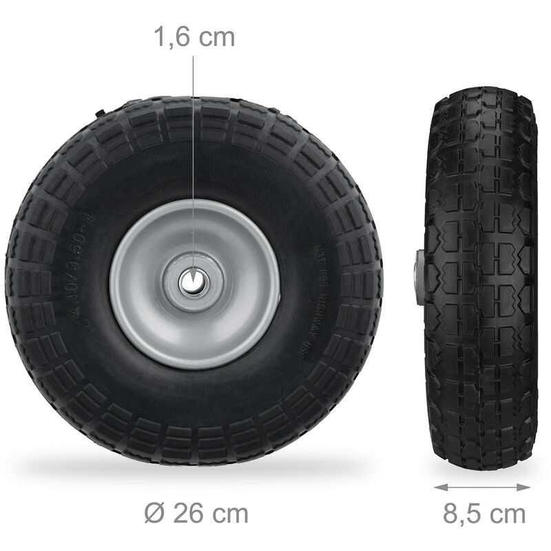 Relaxdays 2x Ruote per Carrello, Pneumatici in Gomma Antipanne 4.1/3.5-4  Asse 16mm, fino a 150 kg,260x85mm, nero grigio