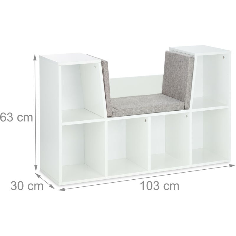 Relaxdays Libreria Portagiochi Bambini, 63x103x30 cm, Panca con Cuscini,  Scaffale 6 Contenitori da Cameretta, bianca