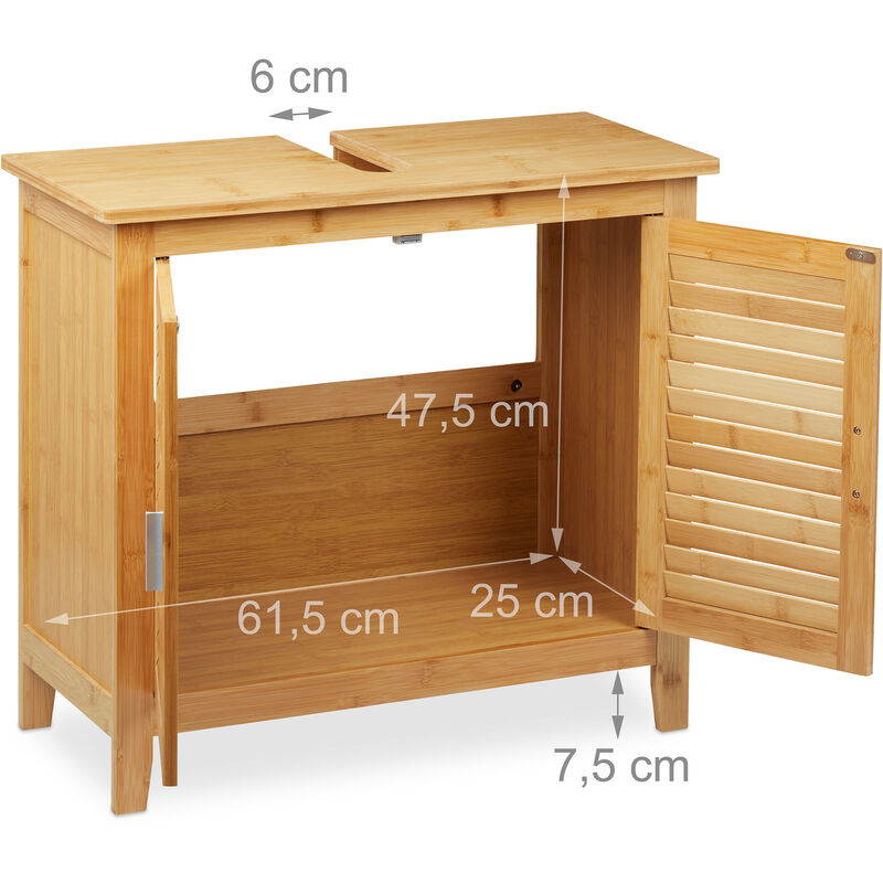 Mobile sottolavabo con Struttura in bambù 60 x 60 x 29 cm ripiano Regolabile incavo Grigio Relaxdays 