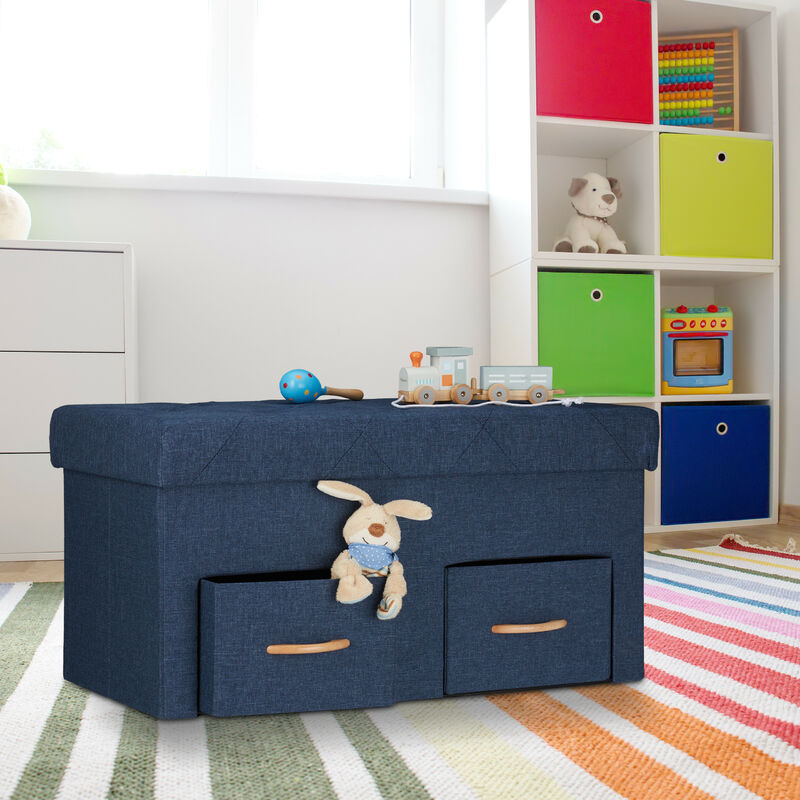 Relaxdays Panca Contenitore con 2 Cassetti, Ingresso o Camera da Letto, HLP:  40x80x40 cm, Porta Giochi, Pieghevole, Blu