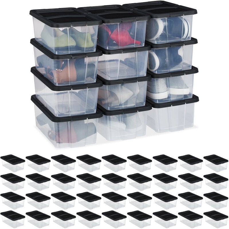 48x, Set di Scatole di Plastica per Scarpe, Box Trasparenti Impilabili con  Coperchio HLP: 12,5x20x34,5cm, Nero