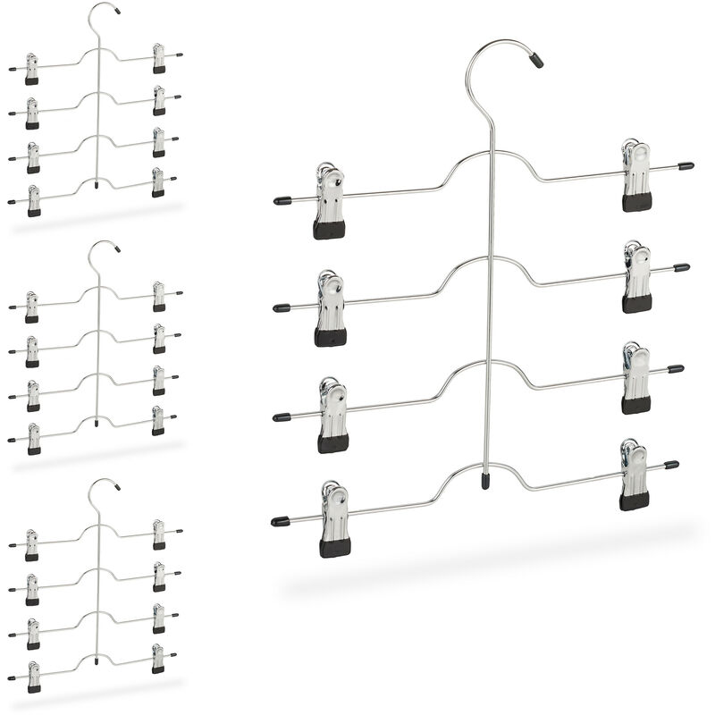 4x Grucce Multiple, Stampelle per Gonne o Pantaloni con 4 Supporti Ognunga,  con Pinze, Salvaspazio, Antiscivolo, Argento
