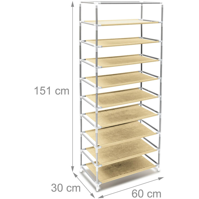 Relaxdays Armadio per Scarpe con 9 Cassetti, in Stoffa, HBT: ca. 151x60x30  cm, per 36 Paia, con Cerniera, Beige