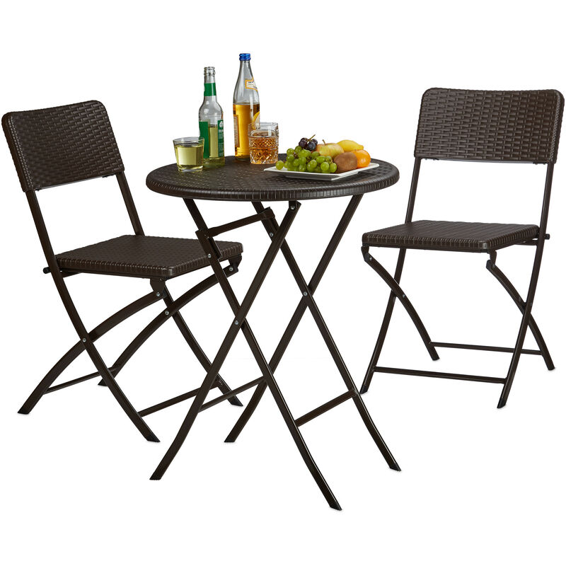 Relaxdays Set Mobili da Giardino BASTIAN, Tavolo e Sedie Campeggio,  Pieghevoli, Rattan, HxLxP 75,5x60x60 cm, Marrone