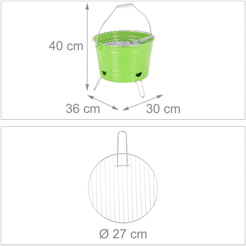 Relaxdays Barbecue Portatile, Mini Grill Rotondo, Griglia da Esterno,  Balcone, Campeggio, a Carbonella, Ø 27cm, Verde