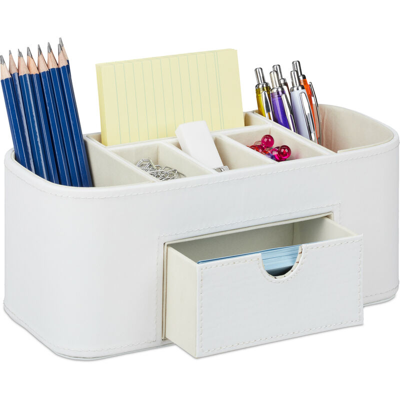 Relaxdays Portamatite, Organizer per la Scrivania in Effetto Pelle, 7  Scomparti, H x L x P: 10,5 x 26 x 11,5 cm, Crema