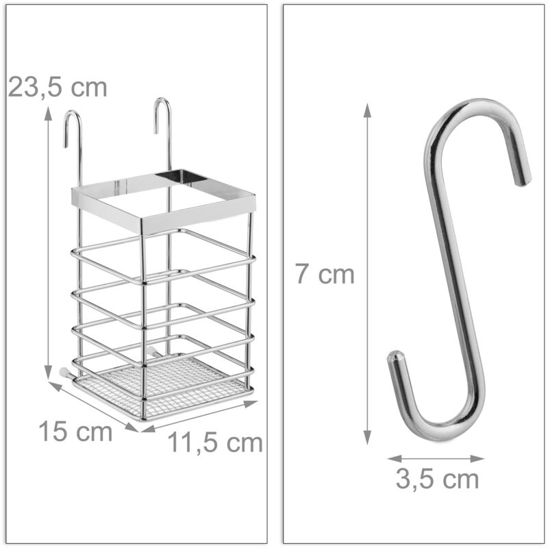 4x Portautensili da Cucina, Effetto Acciaio Inox, Porta Rotoli,  Scolapiatti, Asta Metallica, 6 Ganci, Argento