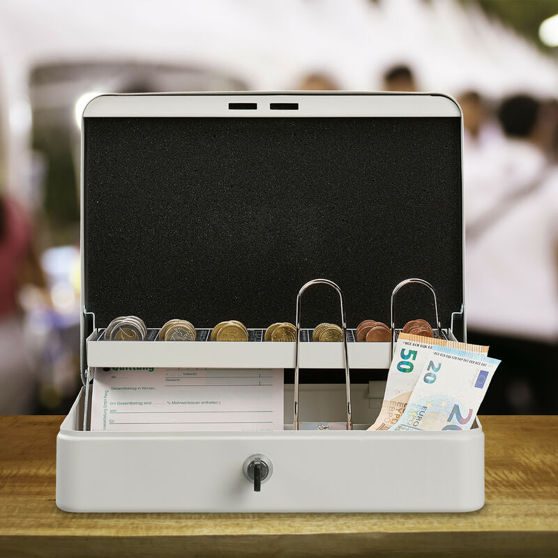 Cassetta Portasoldi Relaxdays Con Scomparti Per Banconote E Monete - Grigio 30,5x24,5x8,5 Cm - Foto 6