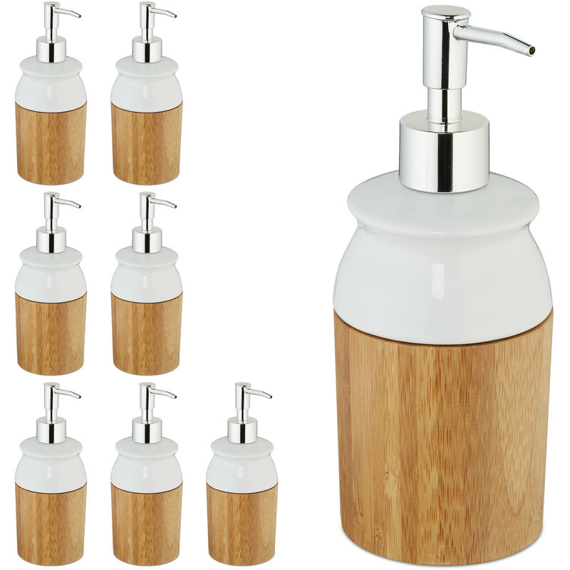 8x Dispenser di Sapone, Ricaricabile con Testa a Pressione, in Bambù &  Ceramica, Bagno, 225 ml, Naturale/Bianco