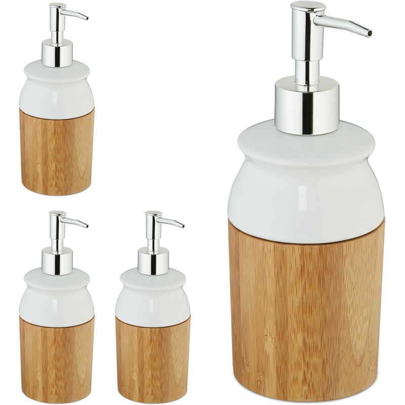 4x Dispenser di Sapone, Ricaricabile con Testa a Pressione, in Bambù &  Ceramica, Bagno, 225 ml, Naturale/Bianco