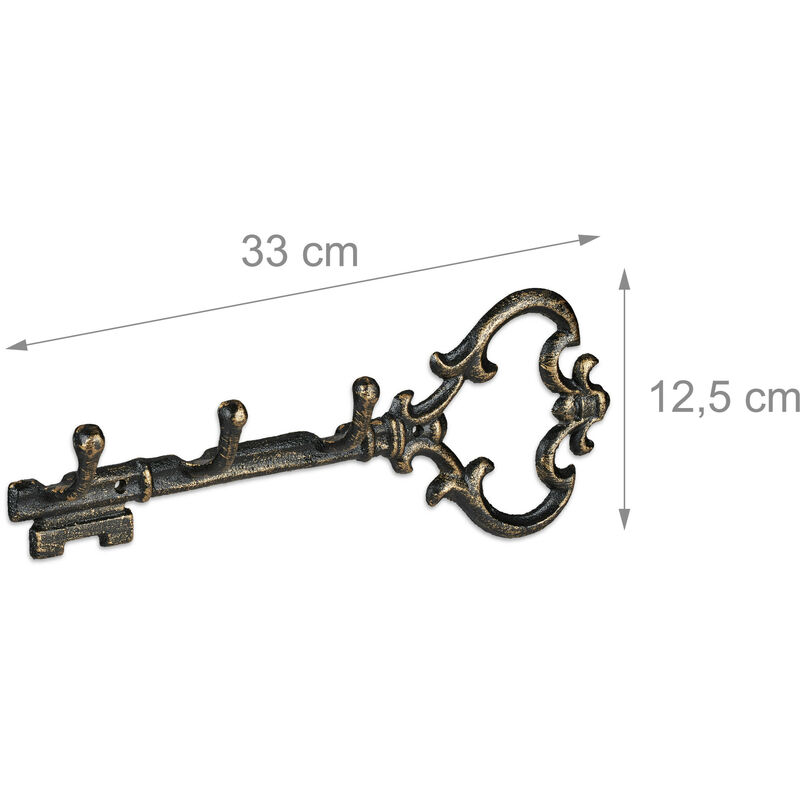 Relaxdays Portachiavi da Muro, 3 Ganci Porta Chiavi da Parete a Forma di  Chiave, Decorativo, 12,5x33x4,5 cm, Nero/Oro