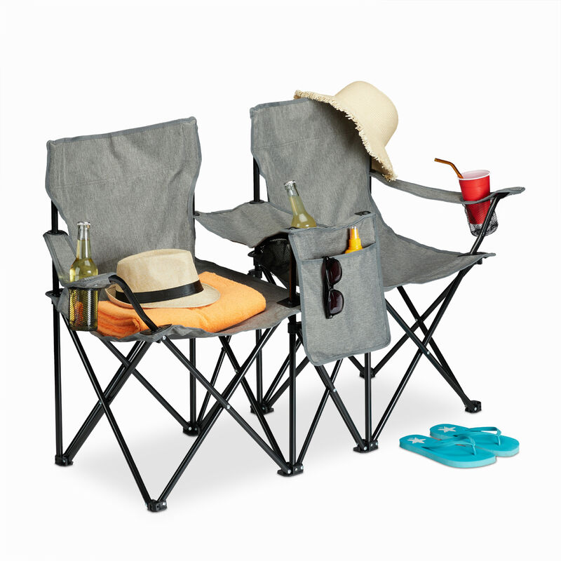 Relaxdays Doppia Sedia da Campeggio, Pieghevole, Portabevande,  Portaoggetti, Portatile, Seduta, HLP 80x139x46 cm, Grigio