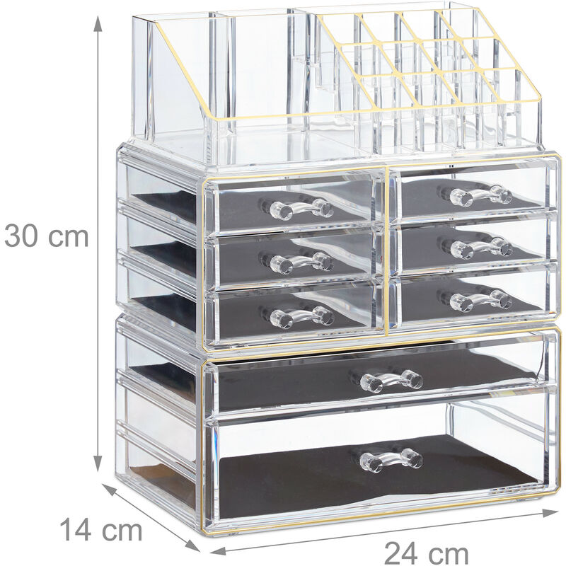 1x Organizer Make-up con Cassetti, Contenitore Impilabile con Porta-Rossetti,  in Acrilico, Trasparente Oro