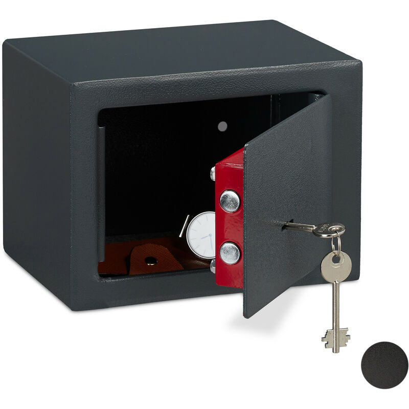 3x Cassaforte Mobile con Chiave, Serratura Doppia, a Parete o a Pavimento,  Mini Safe,HLP 17x23x17, Nero