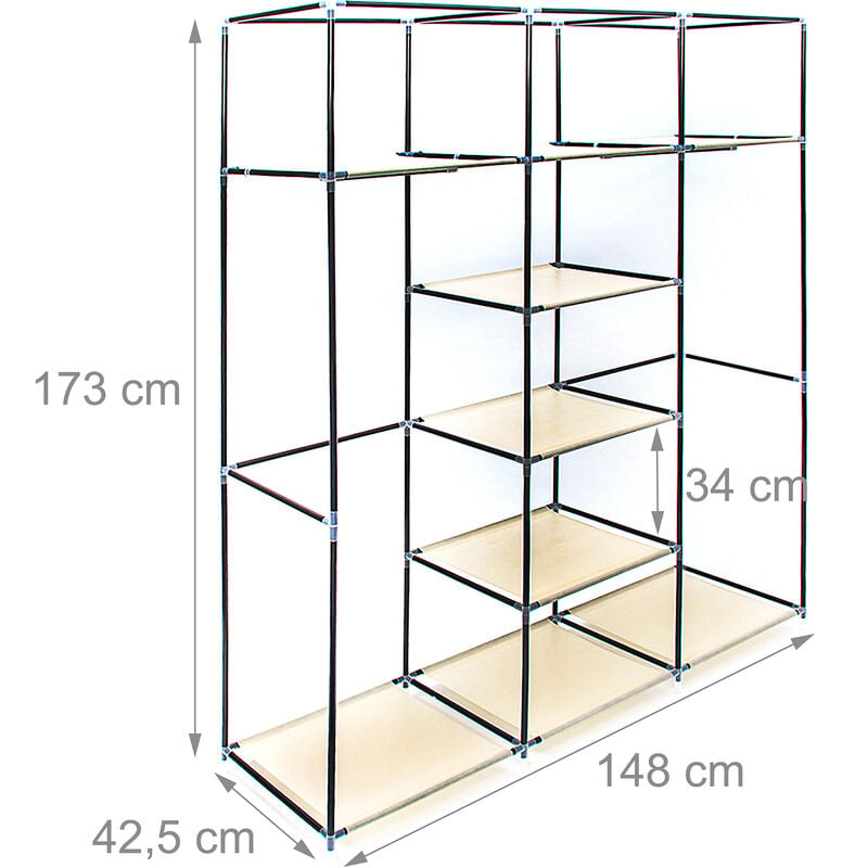 1x Armadio di Stoffa XXL, 9 Ripiani e 2 Aste Attaccapanni, Guardaroba da  Campeggio, Mobile Cantina, Pieghevole, Beige