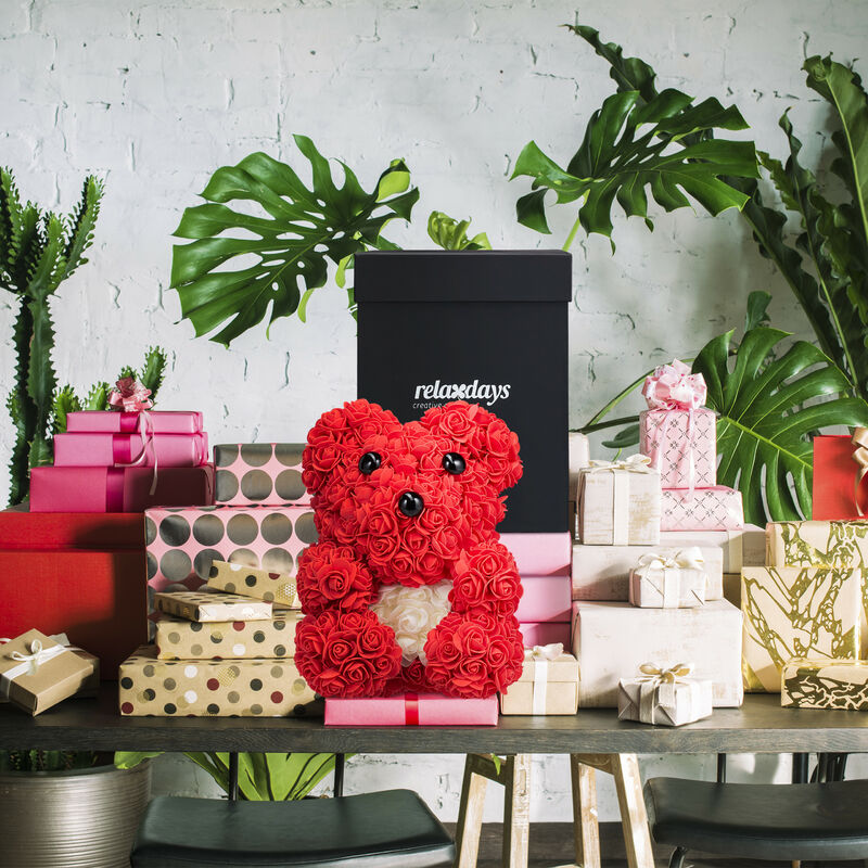 Relaxdays Orsetto di Rose Rosse con Cuore Bianco, con Confezione Regalo,  300 Rose di Schiuma, Teddy Bear, Rosso/Bianco