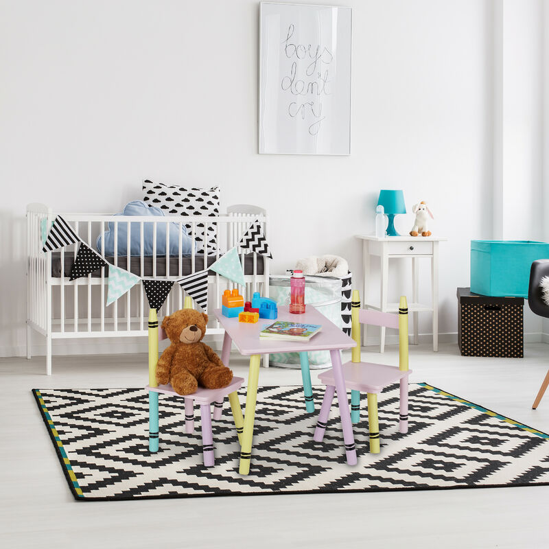 Relaxdays Set Tavolino e Sedie per Bambini, Tavolo Basso con 2 Sedioline,  per Bimbi e Bimbe, in MDF e Legno, Colorato