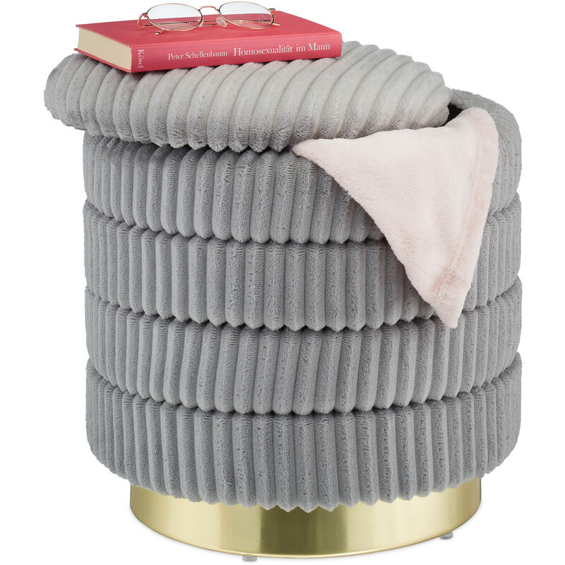 Relaxdays Pouf Contenitore Rotondo, Sgabello Poggiapiedi Imbottito, in  Stoffa di Velluto, 43,5x41 cm, Grigio e Dorato