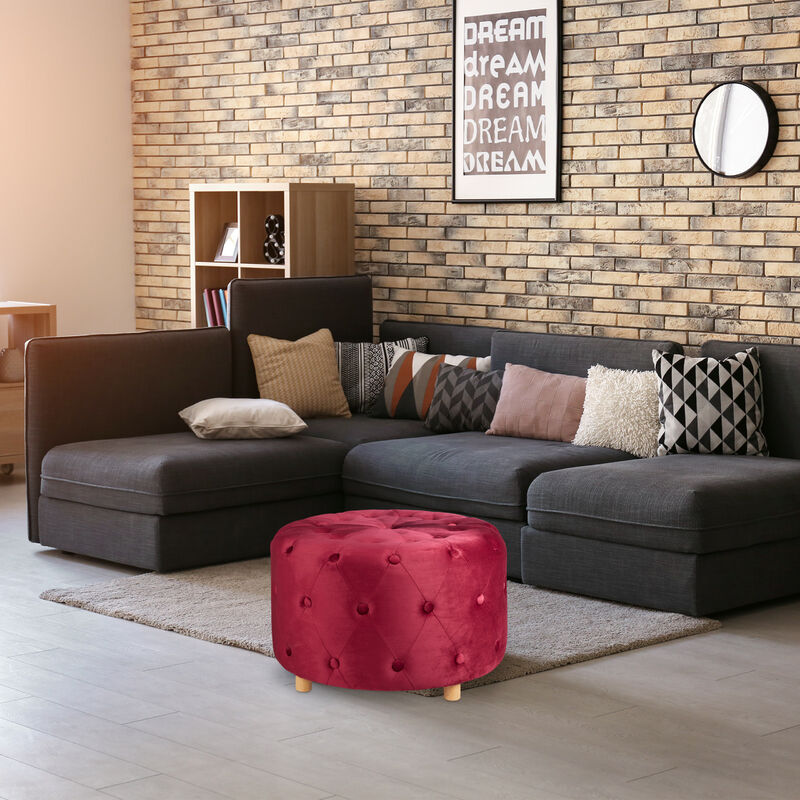 Relaxdays Sgabello Pouf Imbottito, Rotondo, Gambe in Legno, Poggiapiedi  Basso da Soggiorno, HxD: 41 x 65 cm, Bordeaux