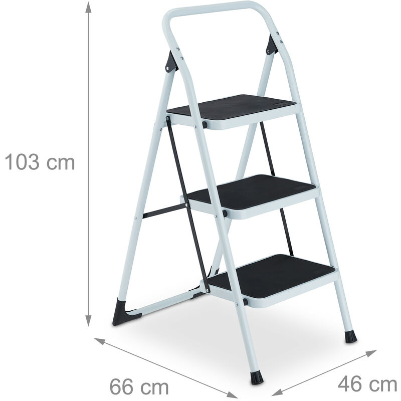 Relaxdays Scaletta Pieghevole, Uso Domestico, Scala Piccola a 3 Gradini,  fino a 150 kg, Antiscivolo, in Acciaio, Bianco