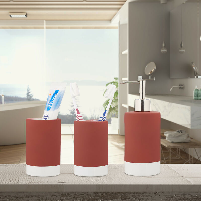 Relaxdays Set 3 Accessori Bagno, Dispenser Sapone, Portaspazzolini,  Bicchiere Dentifricio, Ceramica e Acciaio, Rosso