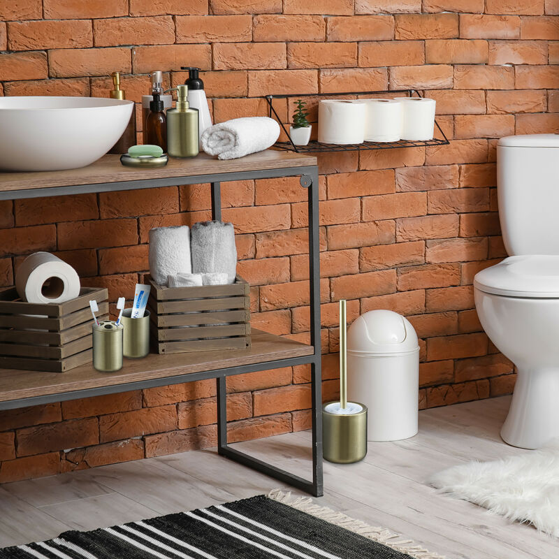 Relaxdays Set Bagno Completo 5 Accessori, Kit WC Acciaio Inox Spazzolato,  Portaspazzolino, Sapone e Saponetta, Oro