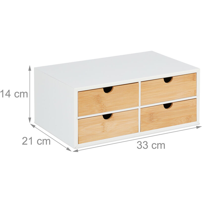 Relaxdays Organizer da Scrivania, Bambù e MDF, Portaoggetti Salvaspazio con  4 Cassetti, HLP 14x33x21 cm, Bianco/Naturale