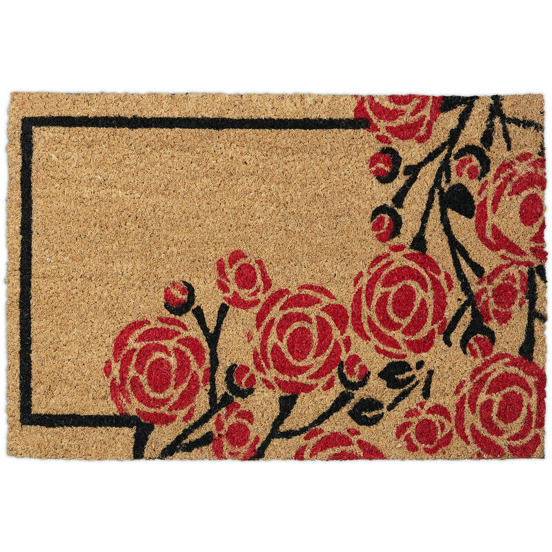 Relaxdays Zerbino in Fibra di Cocco, Design Rose, Zona Interna ed Esterna,  LP40x60 cm, Antiscivolo, Naturale/Nero/Rosso