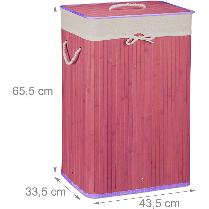 3x Cesti Porta-Biancheria, Bambù, Pieghevole, Rettangolare, 83 L, HxLxP: 65,5  x 43,5 x 33,5 cm, Viola