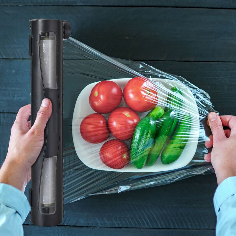 Relaxdays Taglia Pellicola da Cucina, Set da 2 Porta Rotoli di Plastica &  Alluminio, Dispenser con Taglierina, Nero