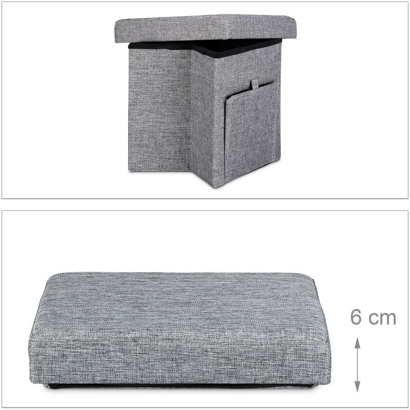 Relaxdays Pouf Pieghevole con Contenitore, 38x38x38 cm, Lino, Sgabello  Quadrato Coperchio Rimovibile Poggiapiedi, Grigio