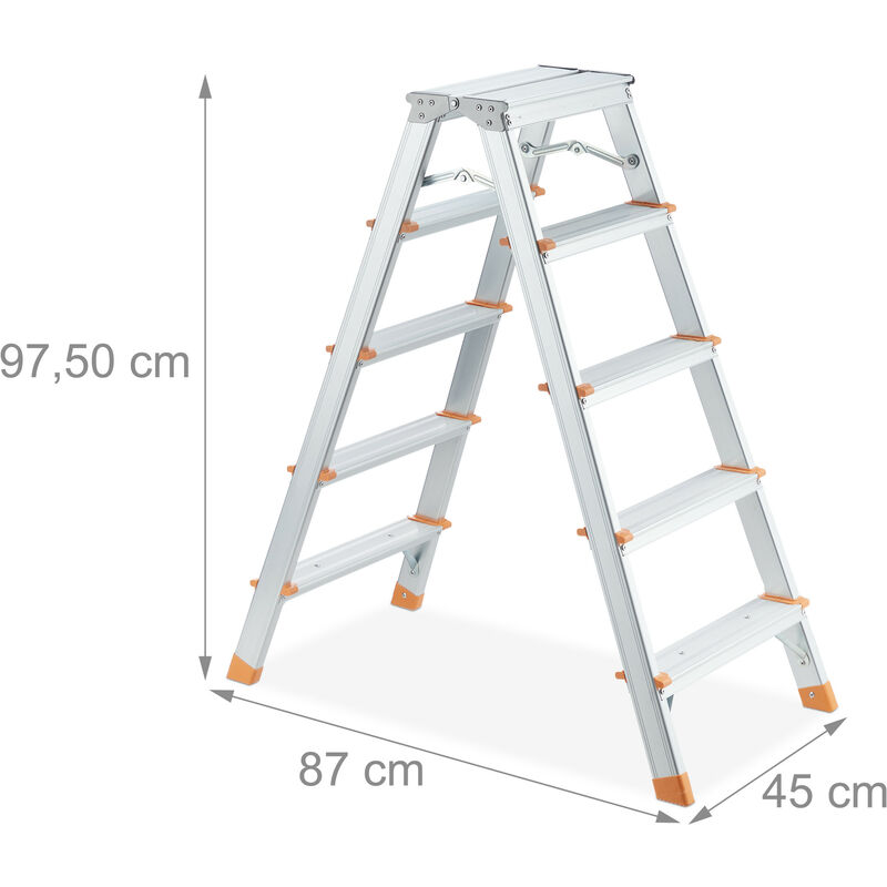 Relaxdays Scala in Alluminio, Pieghevole, con 5 Gradini, Carico fino 150 kg,  Scaletta Bilaterale, Argentato Arancione