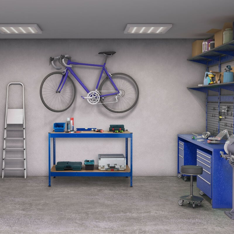 Relaxdays Banco da Lavoro Officina, Tavolo da Garage, 2 Scaffali, Altezza  Regolabile, Acciaio e MDF, 90,5x141x61 cm, Blu